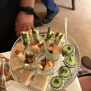 First course for tea service. Deconstructed caprese along with other sandwiches