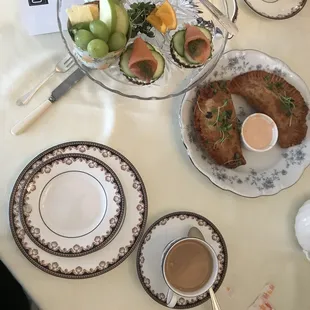 Tea time savory course: Corned Beef and Saurekraut Pasty (St. Patrick's Day Special) and Smoked salmon bites, with charcuterie cup.