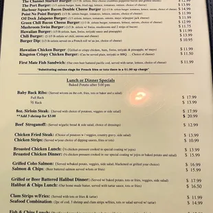 Menu - Burgers and Dinner Specials