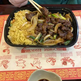 Mongolian beef, fried rice