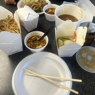 Family special for two people:chow mein, pork fried rice, veggie chop suey, BBQ pork, fried chicken wings, fried shrimp