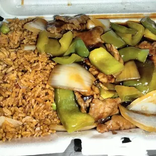 Lunch pepper steak. It came with a can soda also. It was pretty good.