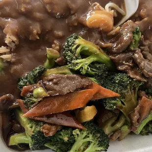 Beef and broccoli with shrimp fried rice and brown gravy