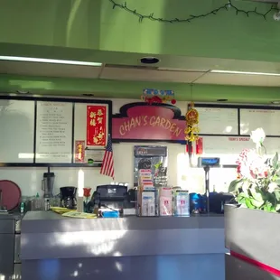 a view of a restaurant counter