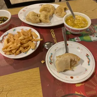 Egg Flower soup, potstickers, crunchy noodles.