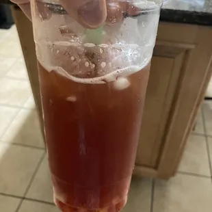 Strawberry Boba with mixed fruit jellies. We drank the top portion before I remembered to snap a pic.