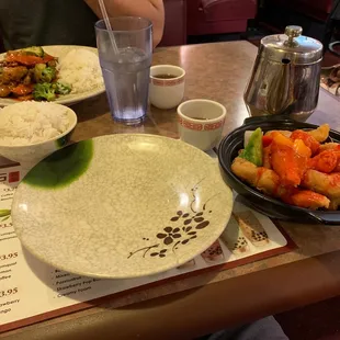 Sweet and sour chicken in the front. Mixed veg with tofu behind.