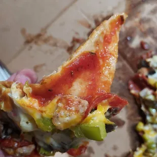 a hand holding a slice of pizza
