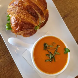 Chicken salad coissant and tomato bisque