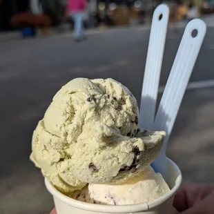Double scoop $10.50 vs $8 for a single scoop. Hot their vegan mint chocolate chip and their NY blueberry cream cheese flavor