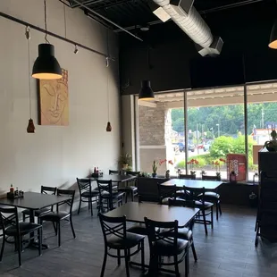 tables and chairs in a restaurant