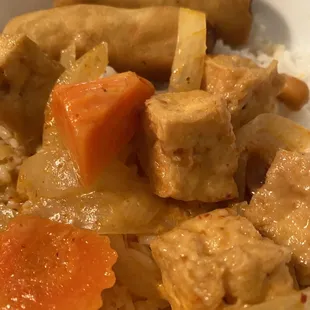 My curry with tofu and two Thai baby spring rolls.