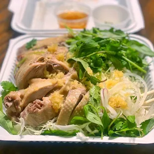a take out container of food