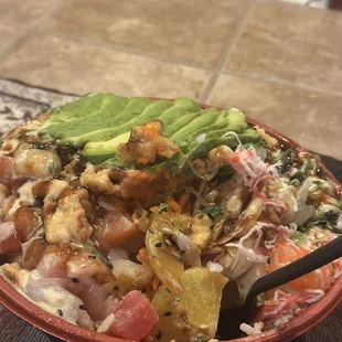 X-large bowl with salmon, tuna, scallops, yellowtail, and shrimp as my protein
