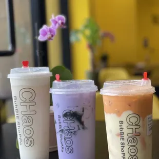 Lychee Cheezo, Taro Milk Tea with Grass Jelly, CHaos Thai Tea with Creme Brulee