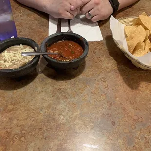 Chips and salsa with bean dip