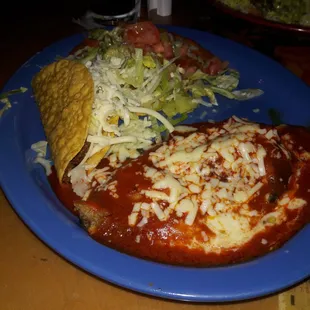 1/2 of the Special Dinner - Chile Relleno, shredded beef taco, Chalupa w/Guacamole Salad