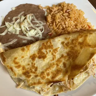 Kids' chicken quesadilla with rice and beans