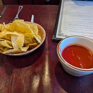 Chips and mild salsa. The hot salsa was too hot for us!
