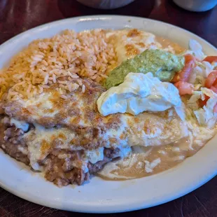 Cheese Enchilada Ranchero with rice and beans
