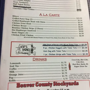 a menu for a la carte