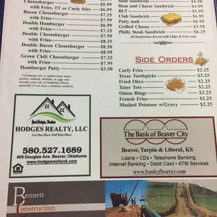 the menu of the restaurant