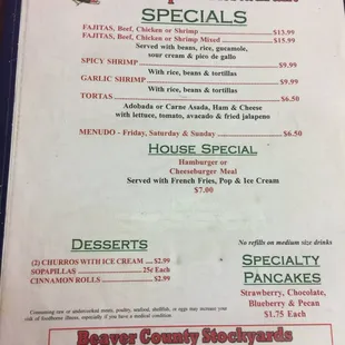 the menu for chapala specials