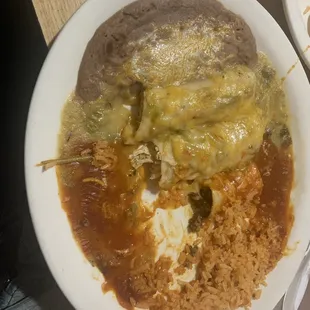 Green chicken enchiladas and red beef enchilada.