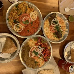 Lamb Kabob, chicken Chicken Tikka Masala,Eggplant Masala, chili chicken, Veggie Biryani, Samosas, Mango Lassi