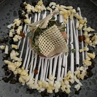 Salmon trio (tartare, gravilox, roe, egg, crème fraiche)