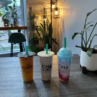 Lychee Dragon Fruit Slush, Ube Milk Tea, and Tropical Fruit Tea