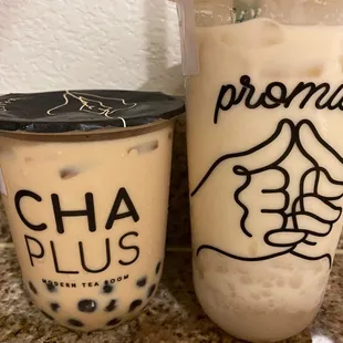 BUBBLE MILK TEA on left is an average milk tea. But HANDMADE TARO MILK TEA on right is amazing. So good with fresh taro.