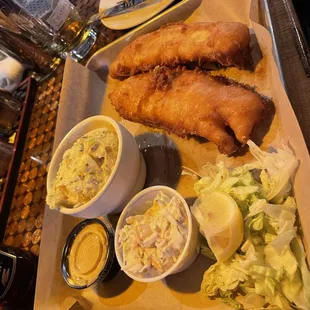 Crispy batter fried Fish with potato salad and claw