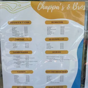 the menu for the restaurant