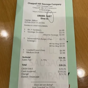 Receipt for lunch