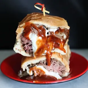 Guy's Triple D something with horsey and BBQ sauce. Just get the PIT BEEF not this. Sausage &amp; corned beef dry &amp; crumbly.