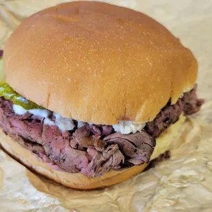 Pit beef with horseradish and pickles
