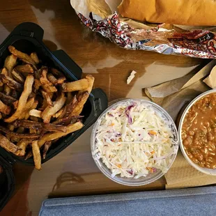 Fries, Cole Slaw and baked beans