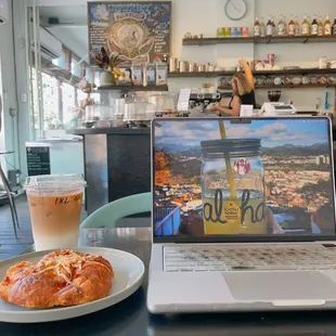 Ham and cheese croissant and iced latte