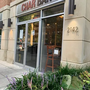 the entrance to a restaurant