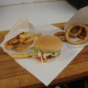 Steak fries, Char Burger with cheese, homemade onion rings!