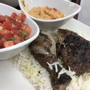 Quarter dark chicken, bruschetta, hummus