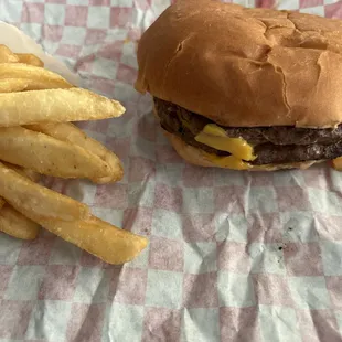 a hamburger and french fries