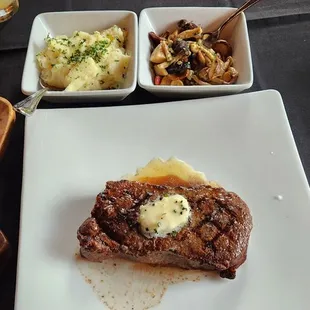 NY strip steak, garlic mashed potatoes, sauteed mushrooms.