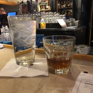 a glass of water and a glass of ice