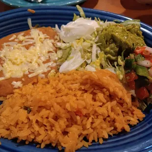 Fajita sides, rice, beans, guac