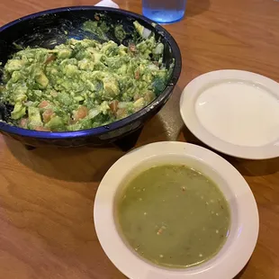 Guac with 2 avocados, spicy verde salsa, and side of cheese dip