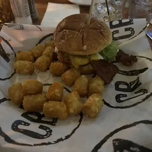 Chicken sandwich with tater tots