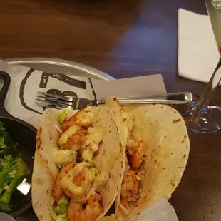 Shrimp tacos w/broccoli. Sour apple martini