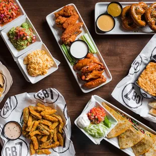 Fried Pickles, Das Pretzels, Quesadillas, Buffalo Chicken Dip, Tortilla Chips 3-ways, and Wings